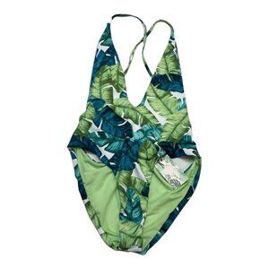 Envya Womens‎ L Swimsuit One Piece Tropical Back Strappy Cut Out Deep V Neck